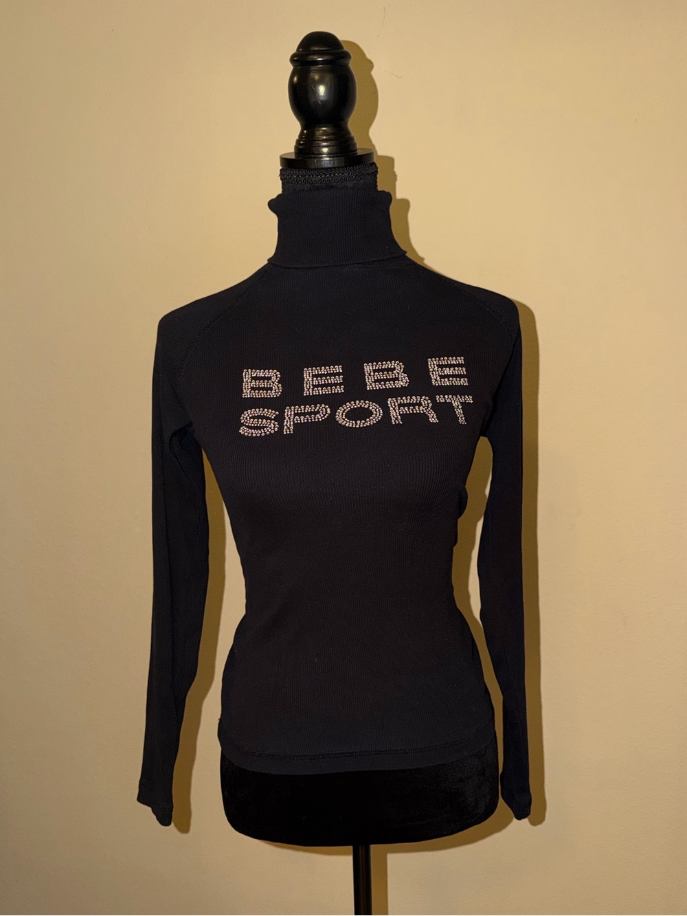 bebe Black Rhinestone Logo Turtleneck Long Sleeve Top
